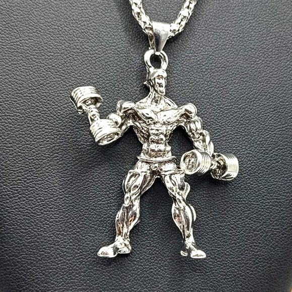 Stainless Bodybuilder Necklace Weightlifting Fitness Gym Bro Birthday Gift - NEW - Picture 5 of 6